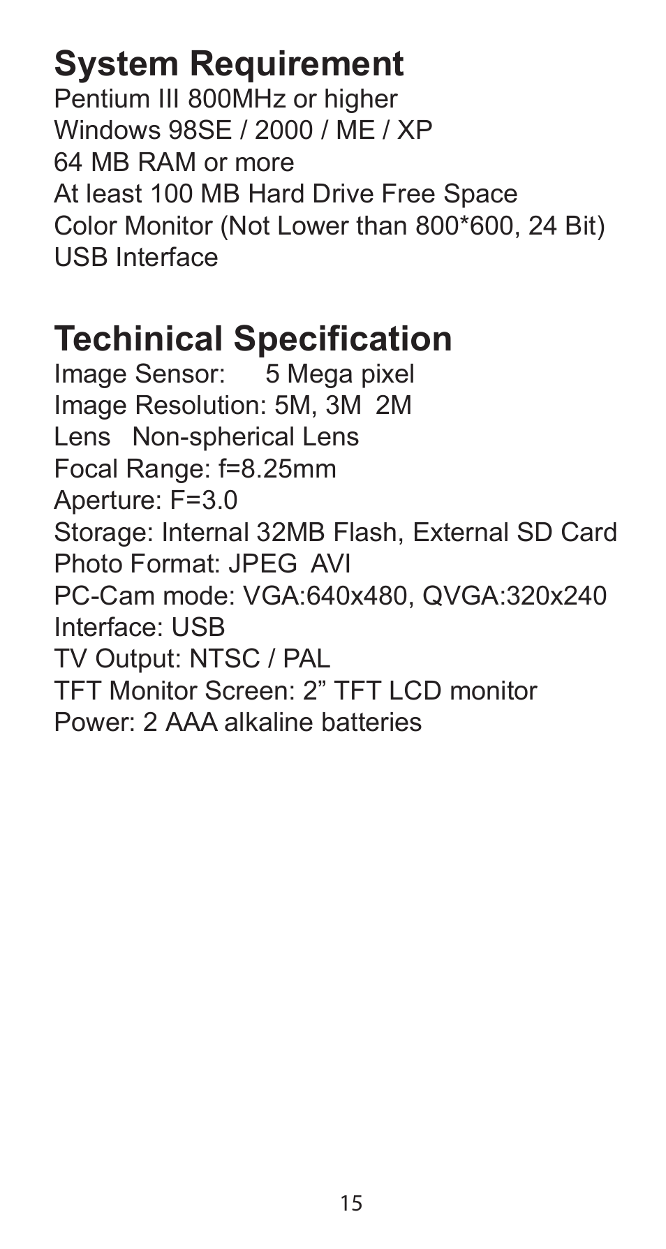 System requirement, Techinical specification | Argus Camera Argus DC-5195 User Manual | Page 15 / 15