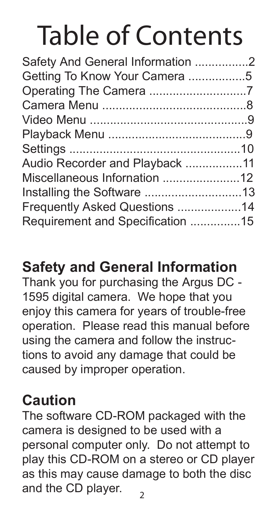 Argus Camera Argus DC-5195 User Manual | Page 2 / 15