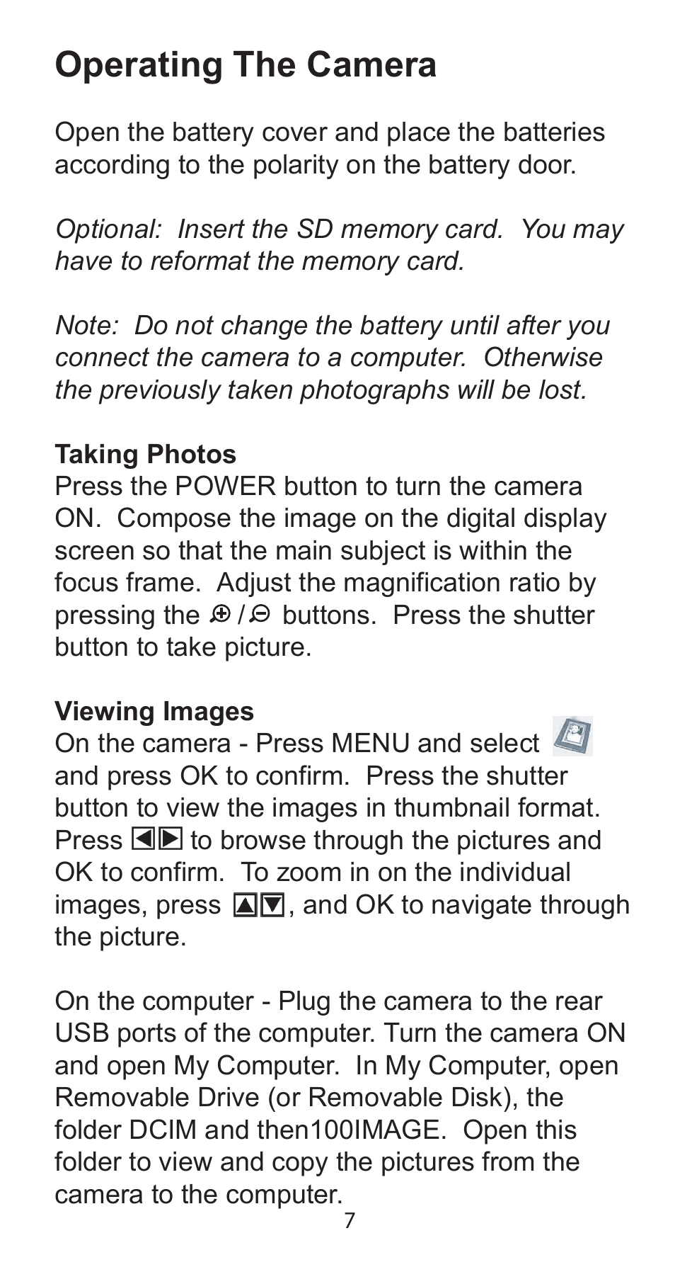 Operating the camera | Argus Camera Argus DC-5195 User Manual | Page 7 / 15