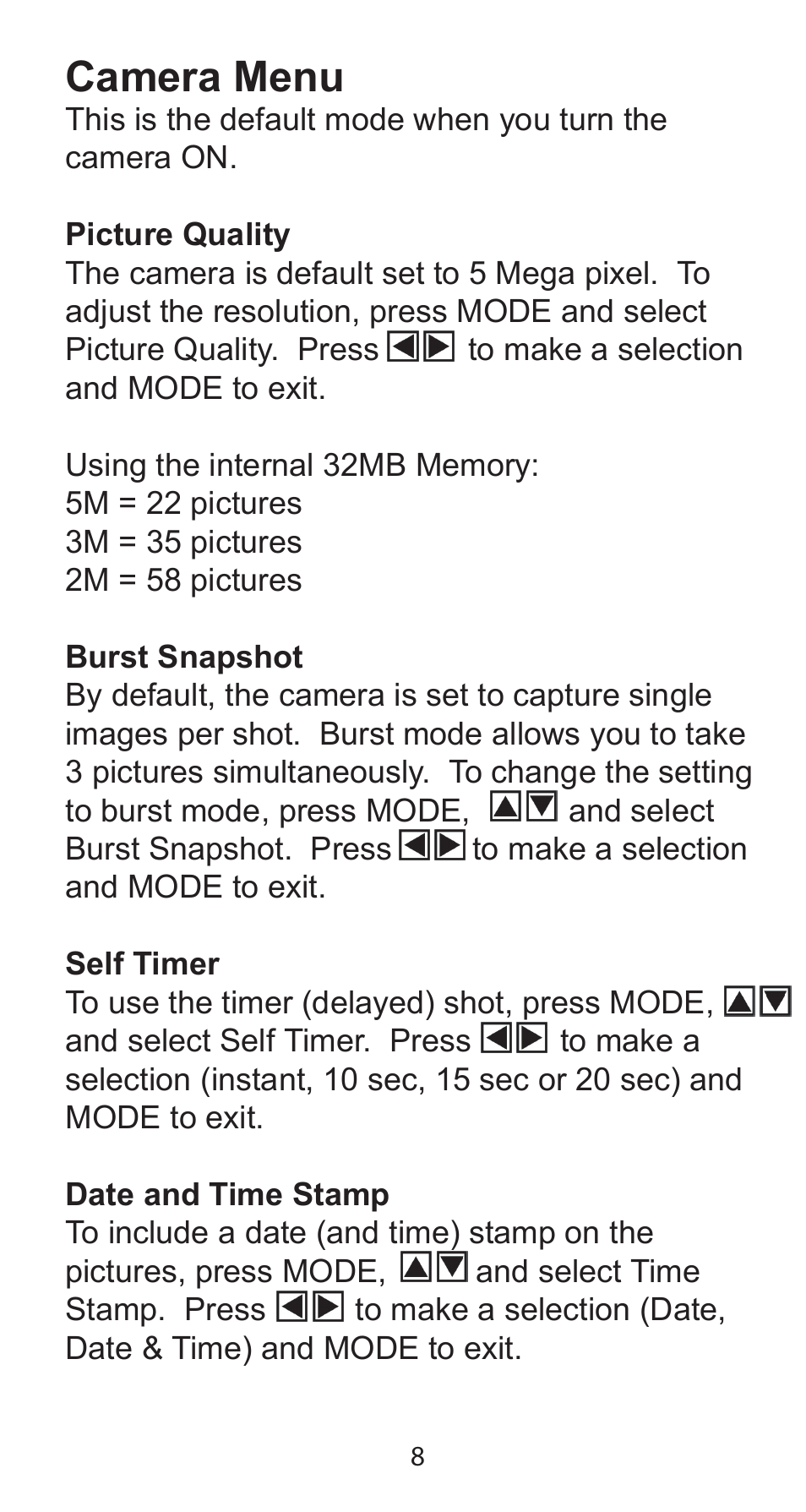 Camera menu | Argus Camera Argus DC-5195 User Manual | Page 8 / 15