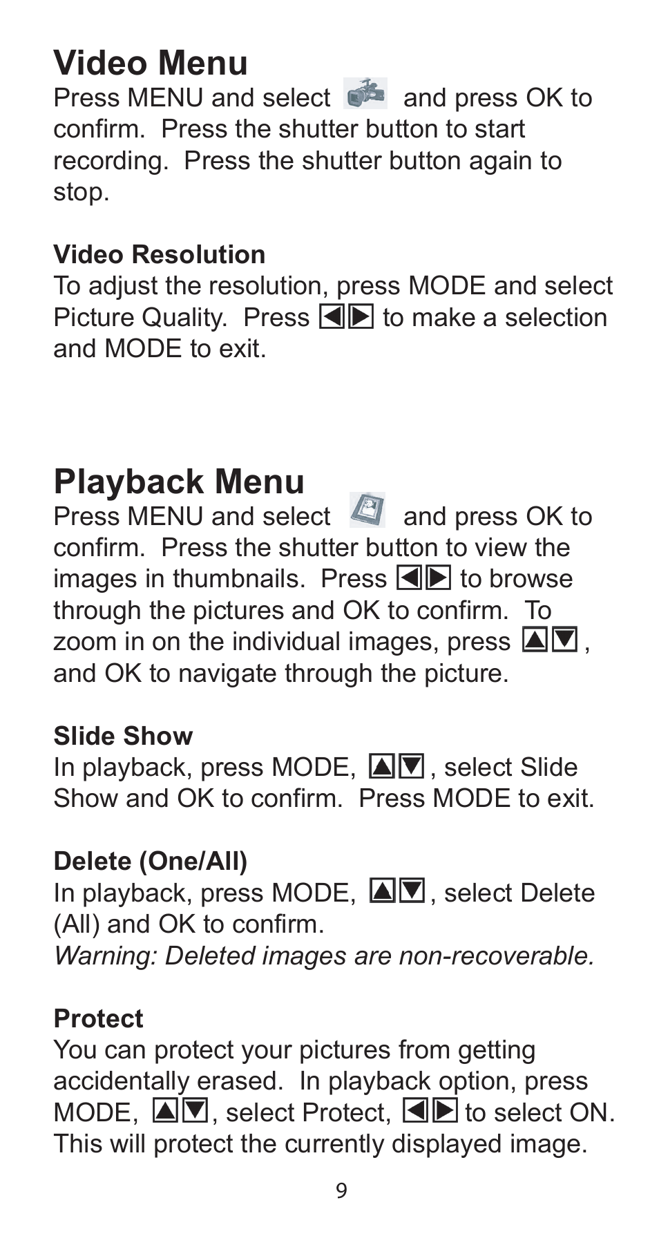 Video menu, Playback menu | Argus Camera Argus DC-5195 User Manual | Page 9 / 15