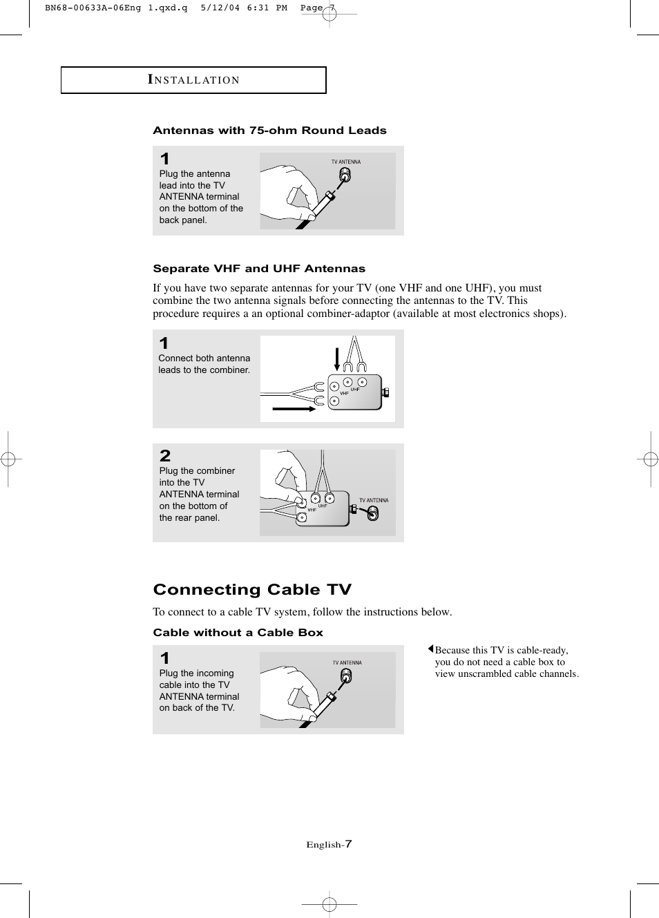 Connecting cable tv | Samsung LTP1745X-XAC User Manual | Page 11 / 66