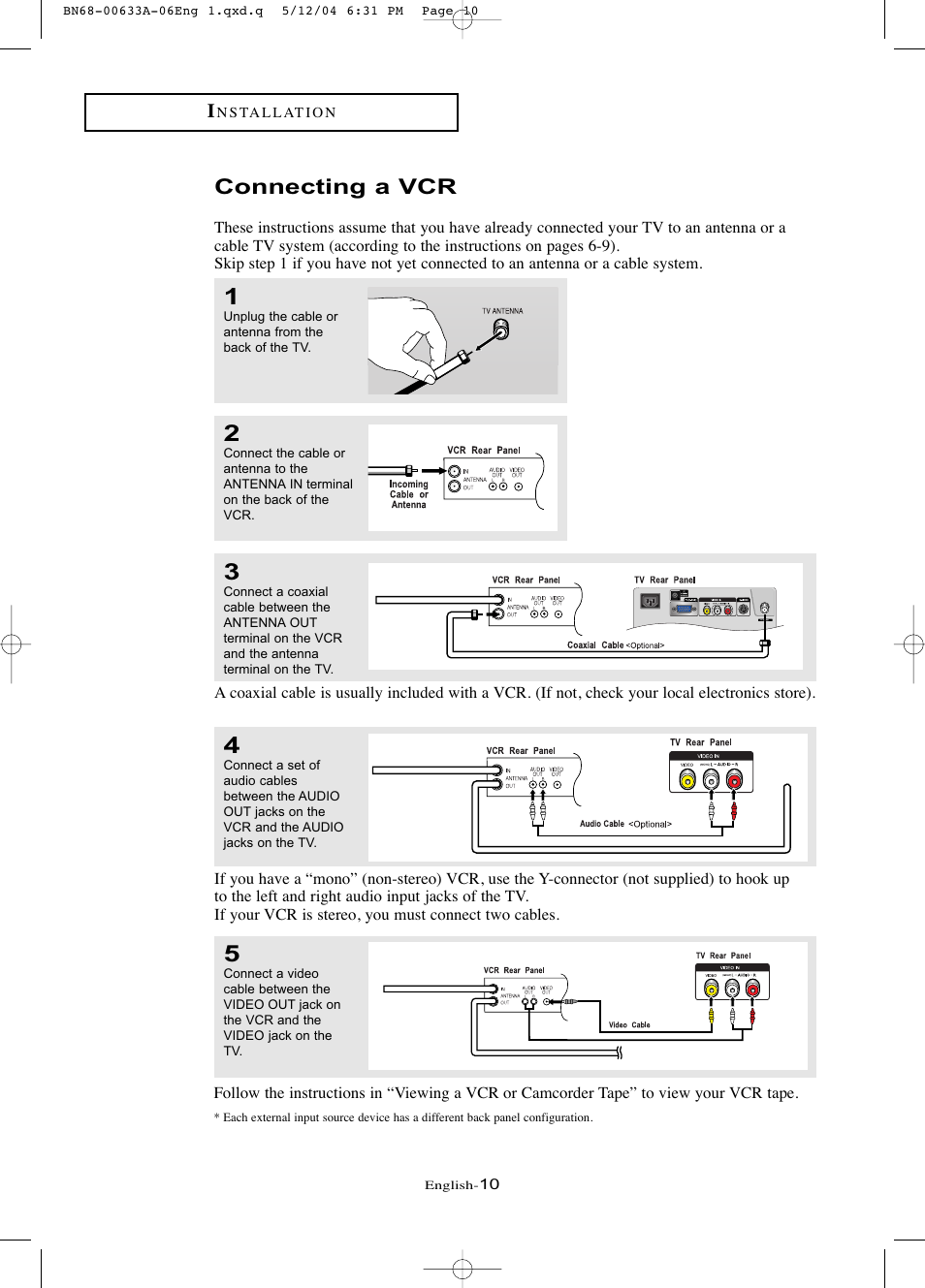 Connecting a vcr | Samsung LTP1745X-XAC User Manual | Page 14 / 66