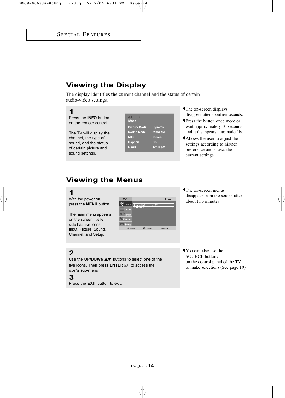 Viewing the display, Viewing the menus | Samsung LTP1745X-XAC User Manual | Page 18 / 66
