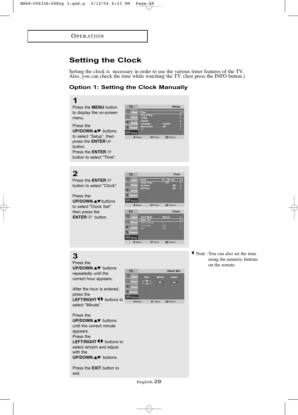 Setting the clock | Samsung LTP1745X-XAC User Manual | Page 33 / 66