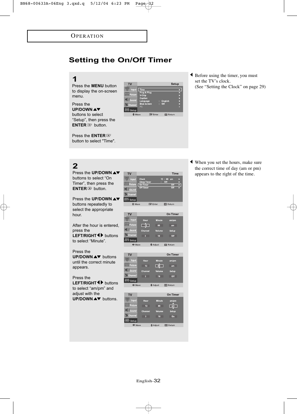 Setting the on/off timer | Samsung LTP1745X-XAC User Manual | Page 36 / 66