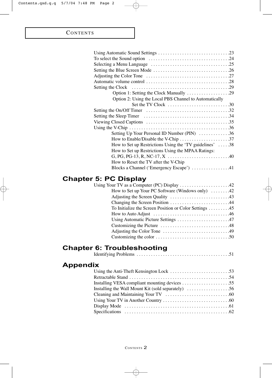 Chapter 5: pc display, Chapter 6: troubleshooting, Appendix | Samsung LTP1745X-XAC User Manual | Page 4 / 66