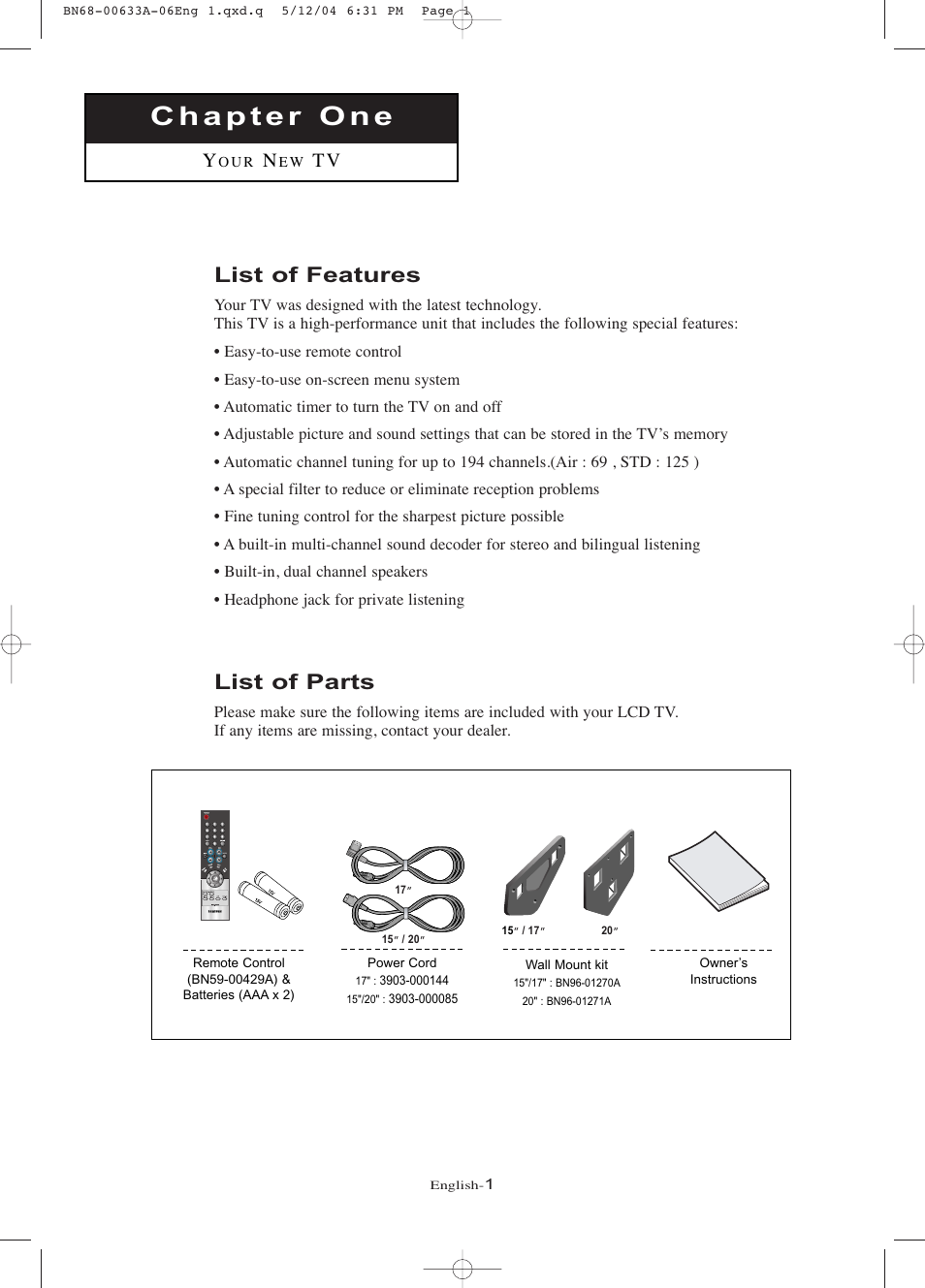 List of features, List of parts | Samsung LTP1745X-XAC User Manual | Page 5 / 66
