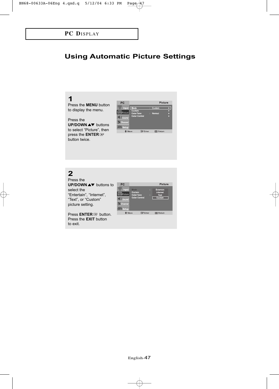 Using automatic picture settings, P c d | Samsung LTP1745X-XAC User Manual | Page 51 / 66