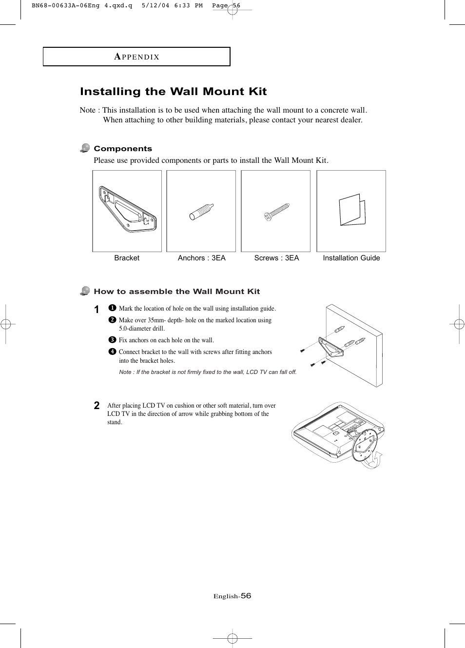 Installing the wall mount kit | Samsung LTP1745X-XAC User Manual | Page 60 / 66