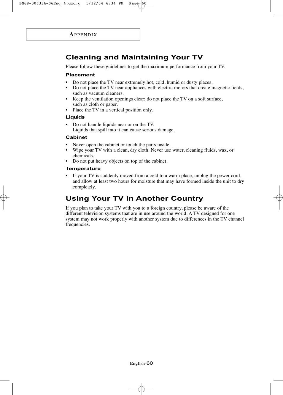 Cleaning and maintaining your tv, Using your tv in another country | Samsung LTP1745X-XAC User Manual | Page 64 / 66
