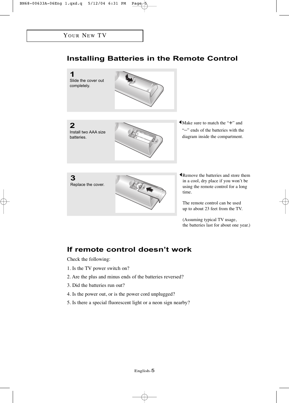 Installing batteries in the remote control, If remote control doesn’t work | Samsung LTP1745X-XAC User Manual | Page 9 / 66