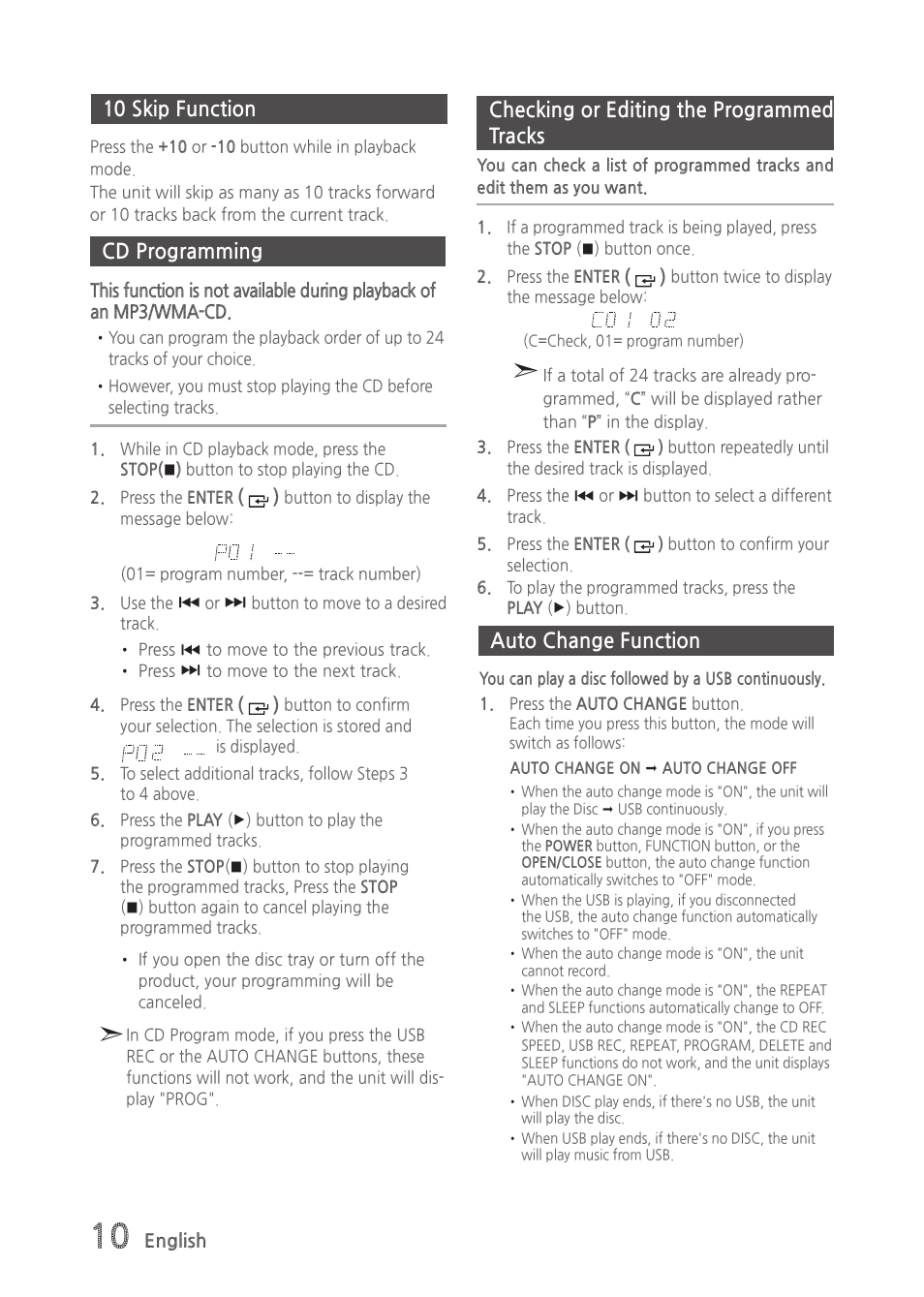 10 skip function, Cd programming, Checking or editing the programmed tracks | Auto change function | Samsung MX-H630-ZA User Manual | Page 10 / 20