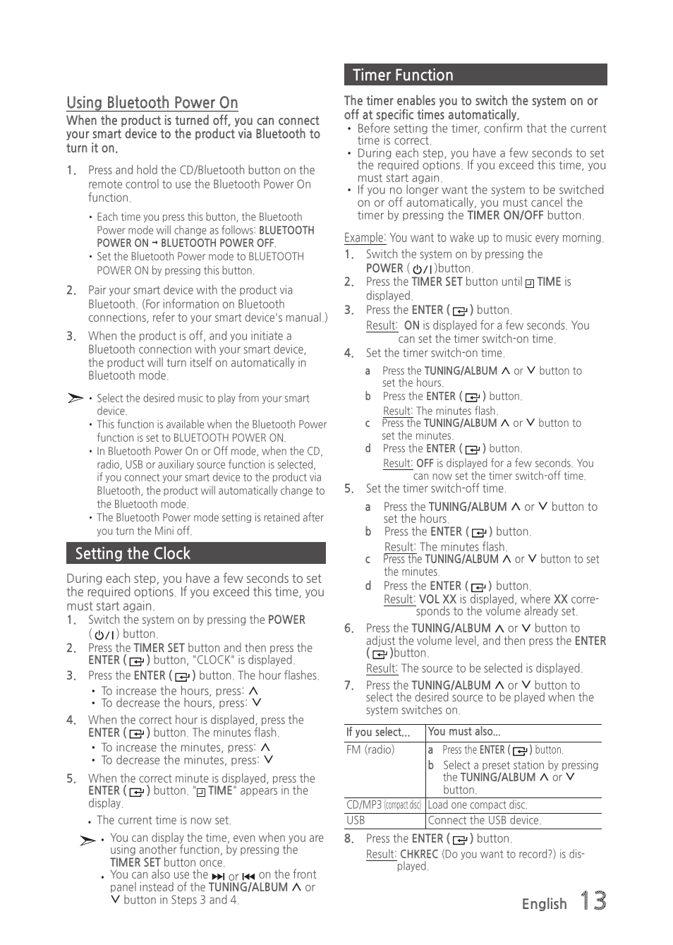 Setting the clock, Timer function, Timer function setting the clock | Using bluetooth power on | Samsung MX-H630-ZA User Manual | Page 13 / 20