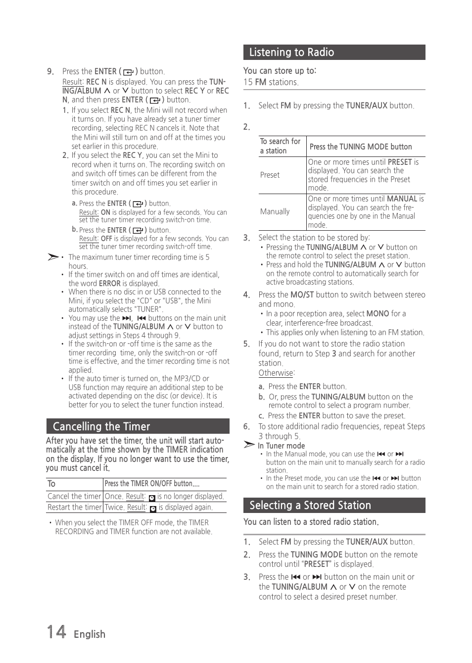 Cancelling the timer, Listening to radio, Selecting a stored station | Selecting a stored station listening to radio | Samsung MX-H630-ZA User Manual | Page 14 / 20