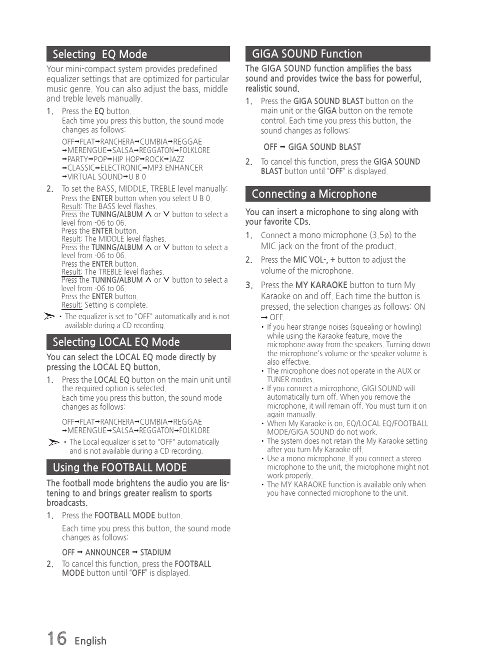 Selecting eq mode, Selecting local eq mode, Ing the football mode | Giga sound function, Connecting a microphone, Using the football mode, Selecting local eq mode connecting a microphone | Samsung MX-H630-ZA User Manual | Page 16 / 20