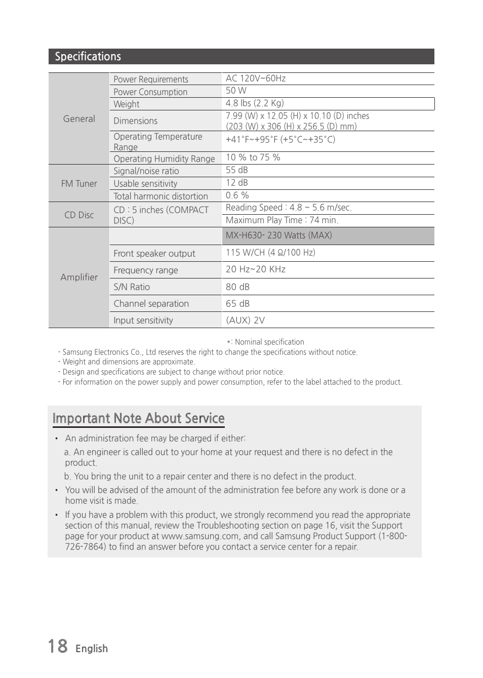 Specifications | Samsung MX-H630-ZA User Manual | Page 18 / 20