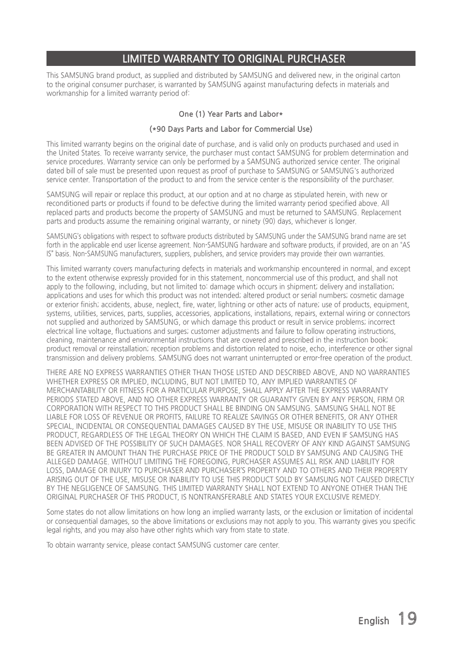Limited warranty to original purchaser | Samsung MX-H630-ZA User Manual | Page 19 / 20