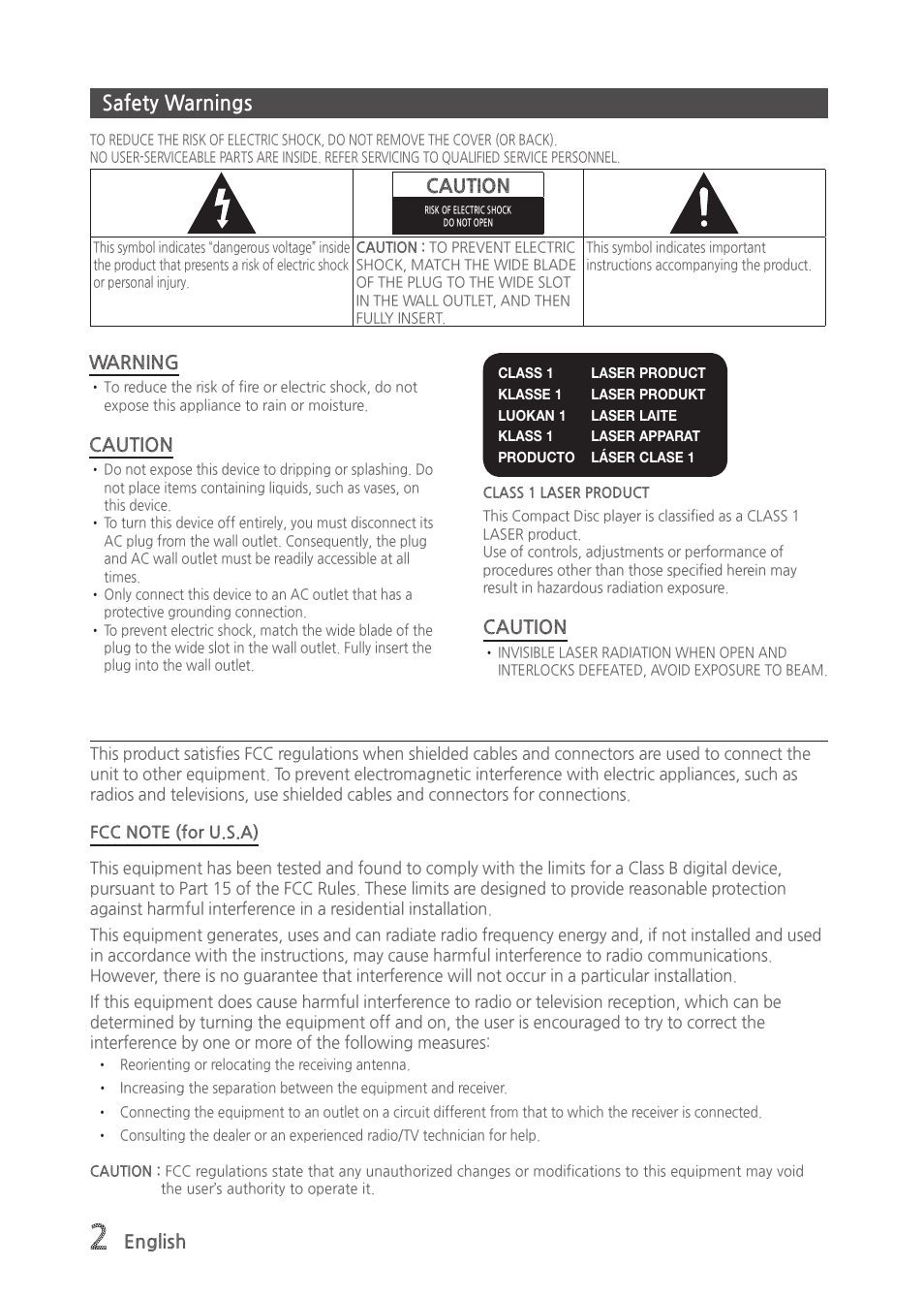 Safety warnings | Samsung MX-H630-ZA User Manual | Page 2 / 20