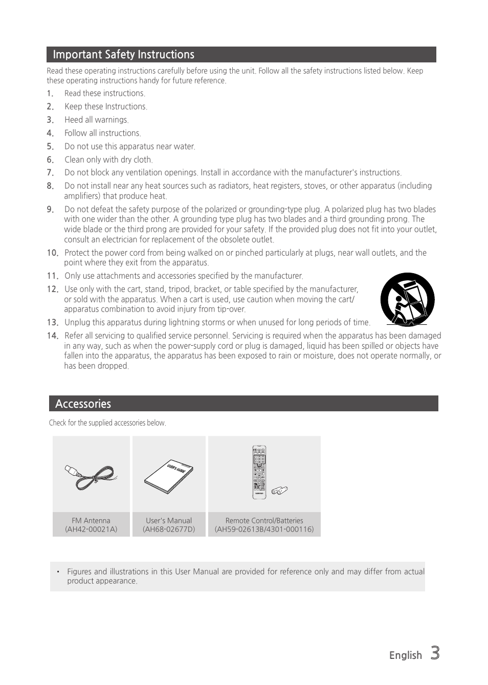 Important safety instructions, Accessories | Samsung MX-H630-ZA User Manual | Page 3 / 20