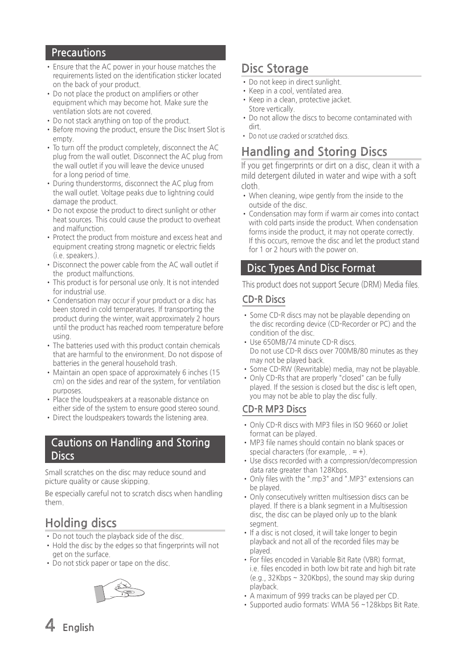 Precautions, Cautions on handling and storing discs, Disc types and disc format | Holding discs, Disc storage, Handling and storing discs | Samsung MX-H630-ZA User Manual | Page 4 / 20