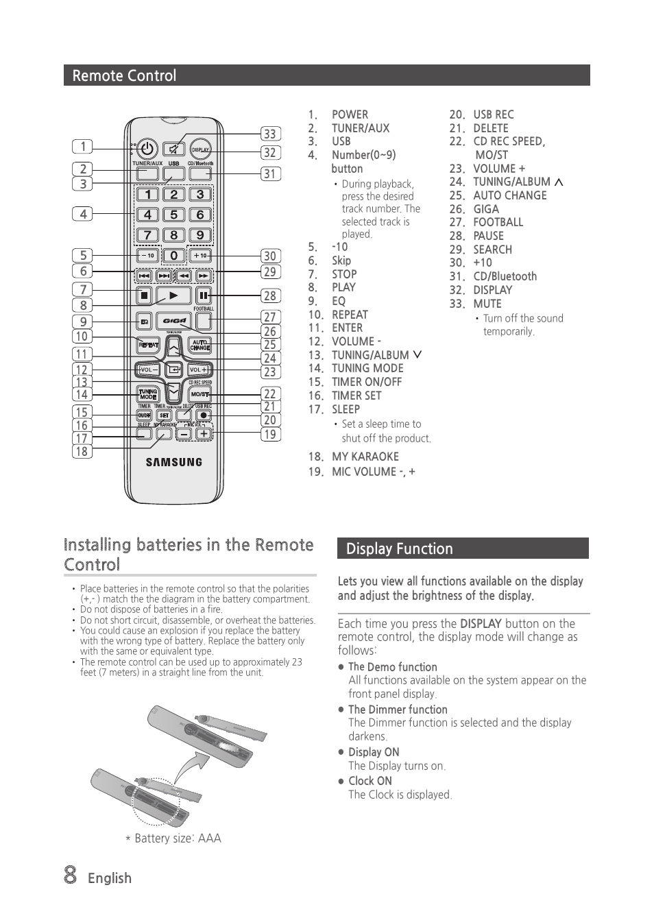 Remote control, Display function, Installing batteries in the remote control | Samsung MX-H630-ZA User Manual | Page 8 / 20