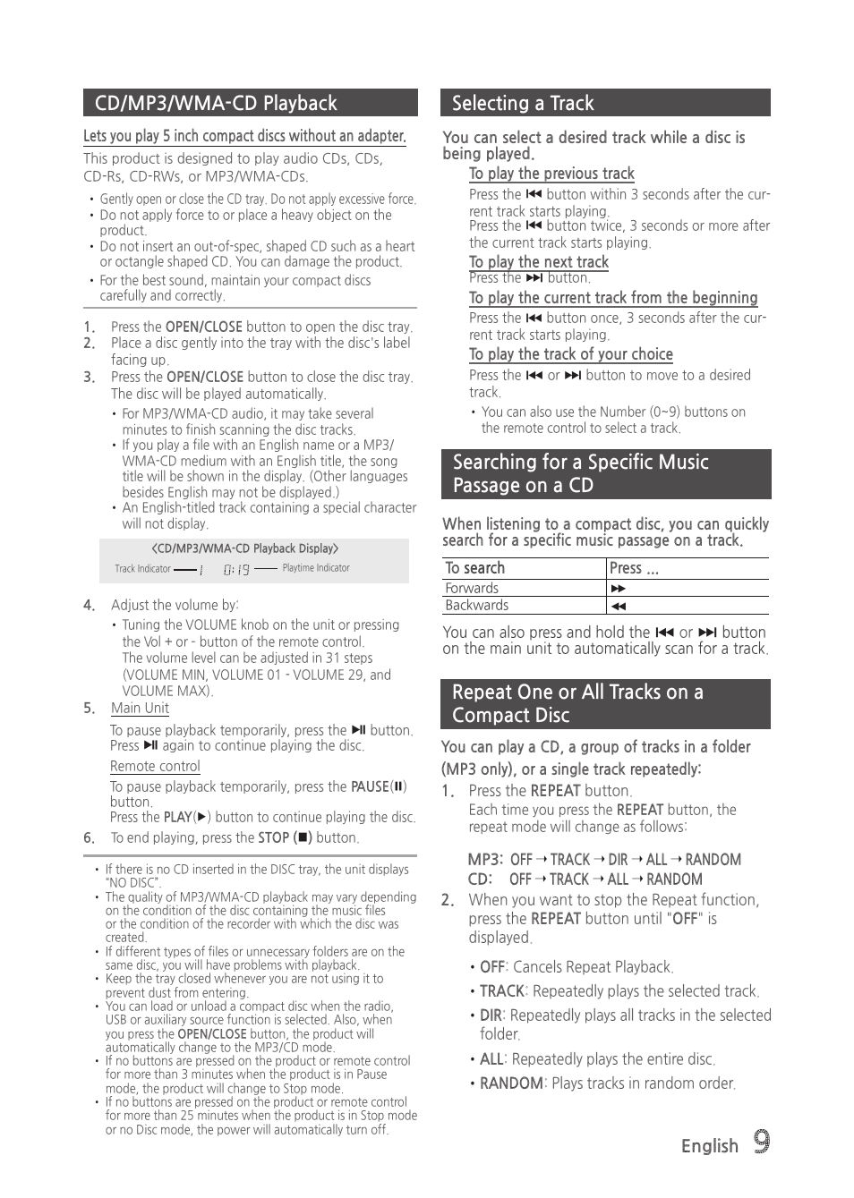 Cd/mp3/wma-cd playback, Selecting a track, Searching for a specific music passage on a cd | Repeat one or all tracks on a compact disc, Selecting a track cd/mp3/wma-cd playback | Samsung MX-H630-ZA User Manual | Page 9 / 20