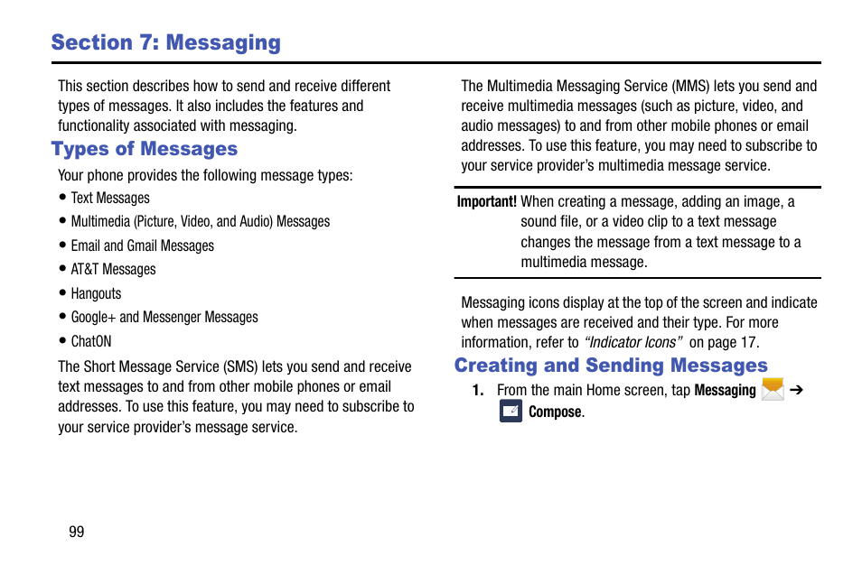 Section 7: messaging, Types of messages, Creating and sending messages | Types of messages creating and sending messages | Samsung SGH-I747RWBATT User Manual | Page 106 / 239