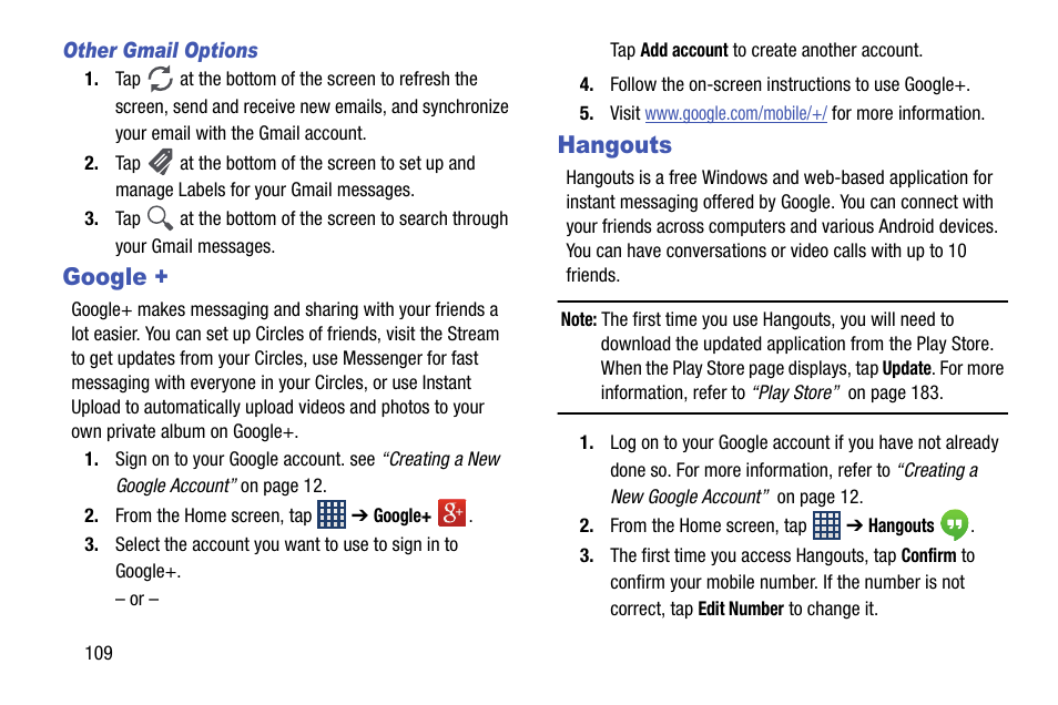 Google, Hangouts, Google + hangouts | Samsung SGH-I747RWBATT User Manual | Page 116 / 239