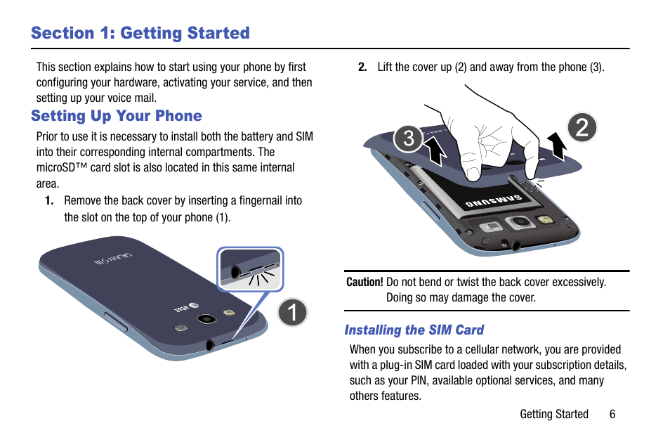 Section 1: getting started, Setting up your phone | Samsung SGH-I747RWBATT User Manual | Page 13 / 239