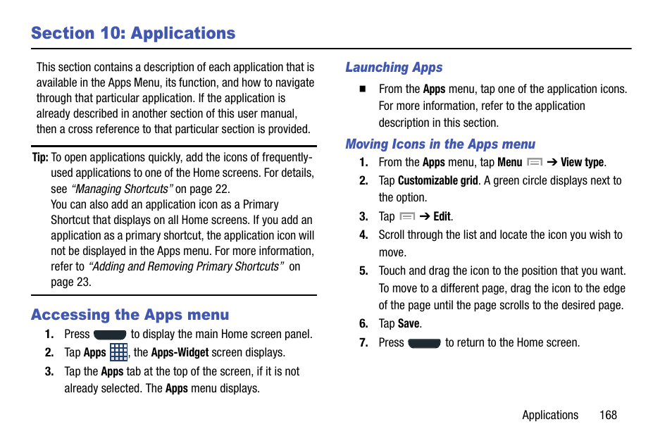 Section 10: applications, Accessing the apps menu | Samsung SGH-I747RWBATT User Manual | Page 175 / 239