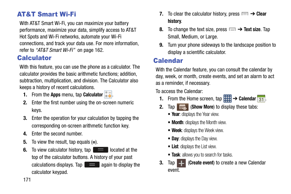 At&t smart wi-fi, Calculator, Calendar | At&t smart wi-fi calculator calendar | Samsung SGH-I747RWBATT User Manual | Page 178 / 239