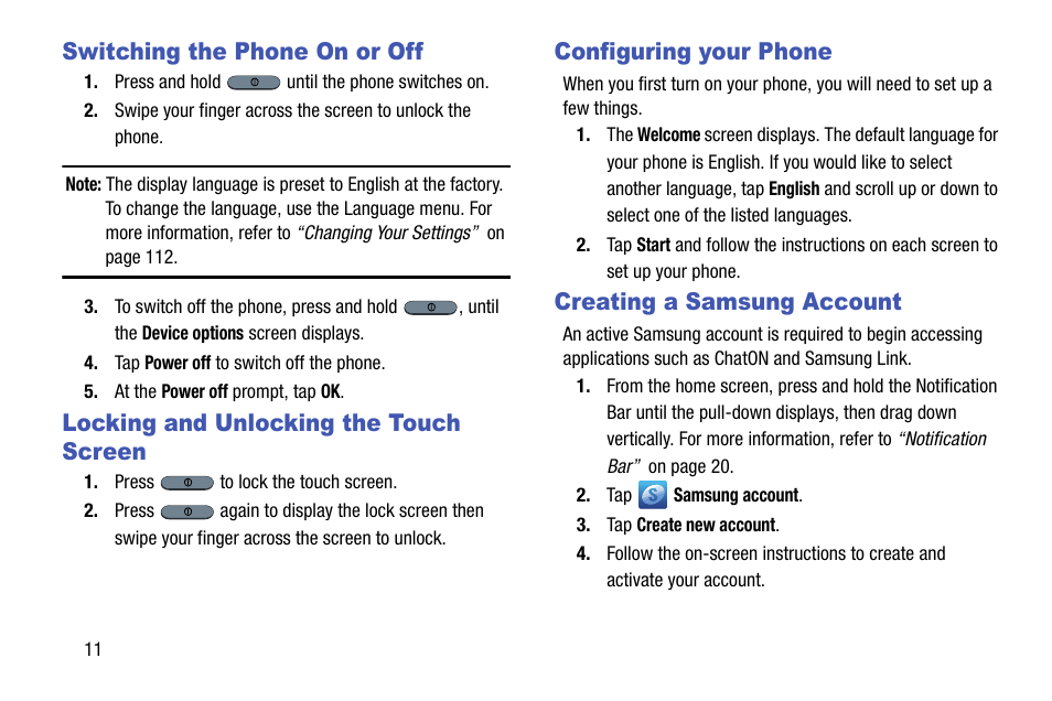 Switching the phone on or off, Locking and unlocking the touch screen, Configuring your phone | Creating a samsung account | Samsung SGH-I747RWBATT User Manual | Page 18 / 239