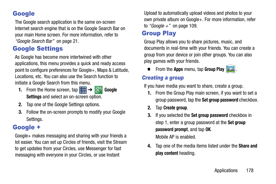 Google, Google settings, Group play | Google google settings google + group play | Samsung SGH-I747RWBATT User Manual | Page 185 / 239