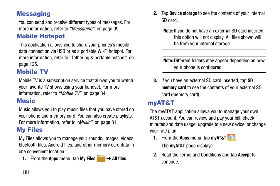 Messaging, Mobile hotspot, Mobile tv | Music, My files, Myat&t, Messaging mobile hotspot, Mobile tv music my files myat&t | Samsung SGH-I747RWBATT User Manual | Page 188 / 239