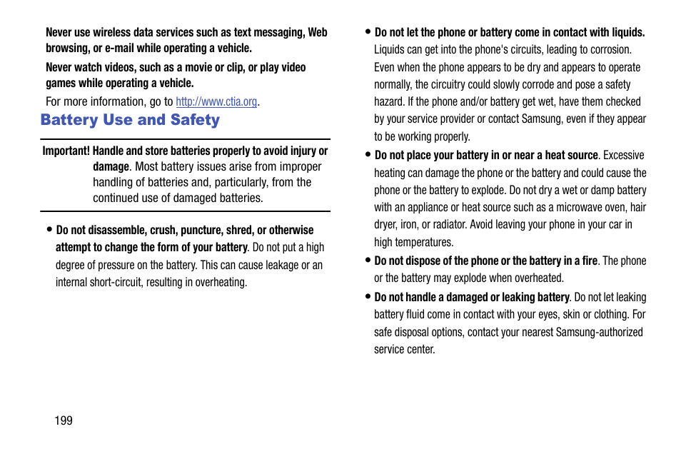 Battery use and safety | Samsung SGH-I747RWBATT User Manual | Page 206 / 239