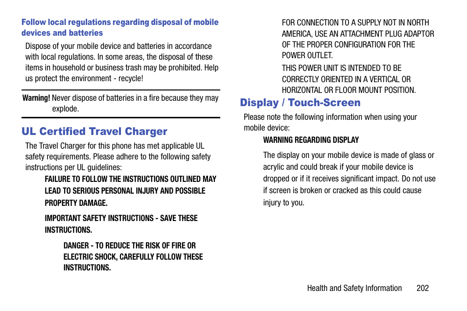 Ul certified travel charger, Display / touch-screen, Ul certified travel charger display / touch-screen | Samsung SGH-I747RWBATT User Manual | Page 209 / 239