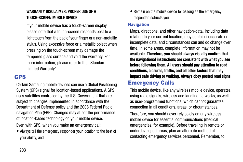 Emergency calls, Gps emergency calls | Samsung SGH-I747RWBATT User Manual | Page 210 / 239