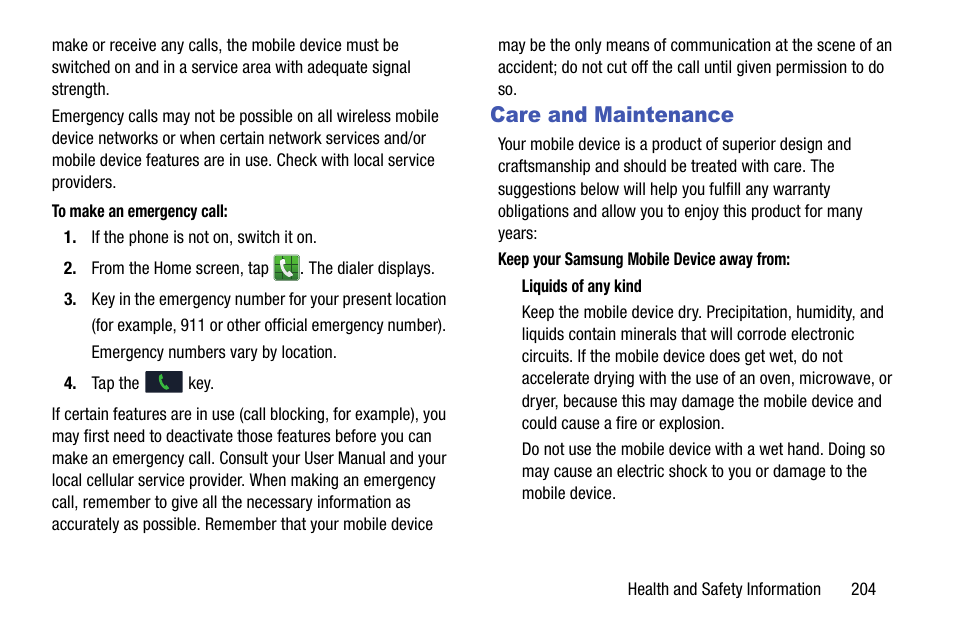 Care and maintenance | Samsung SGH-I747RWBATT User Manual | Page 211 / 239