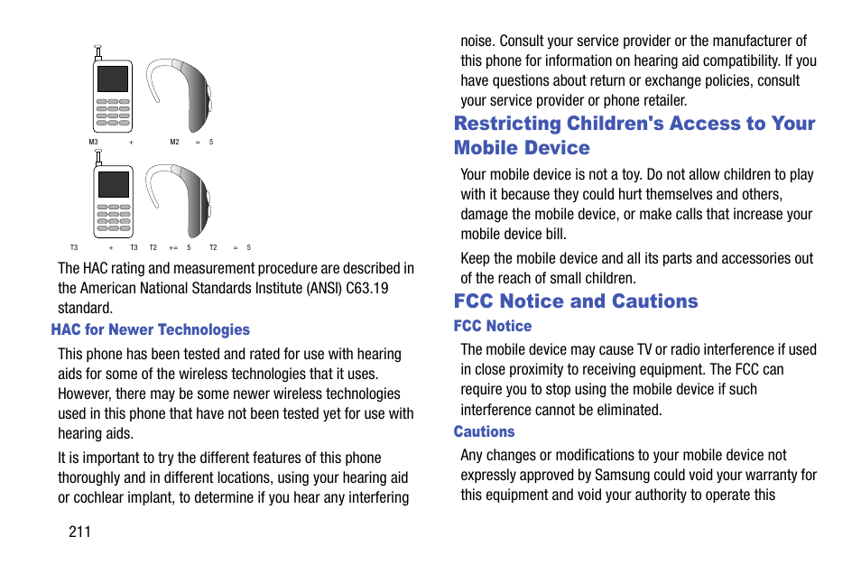 Fcc notice and cautions, Restricting children's access to your, Mobile device | Samsung SGH-I747RWBATT User Manual | Page 218 / 239