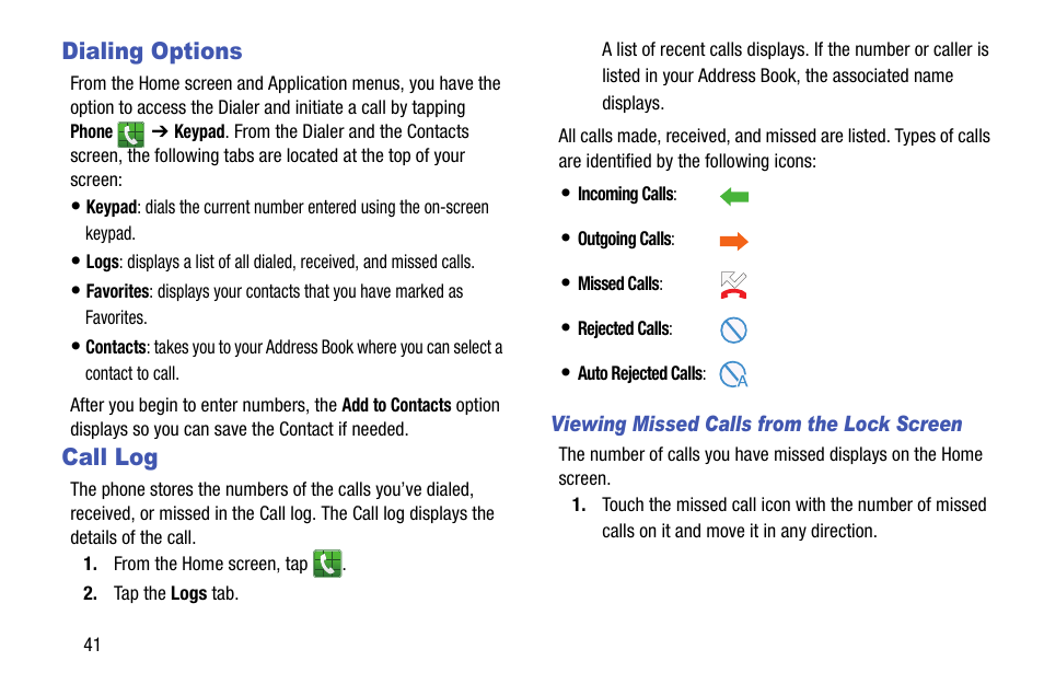 Dialing options, Call log, Dialing options call log | Samsung SGH-I747RWBATT User Manual | Page 48 / 239