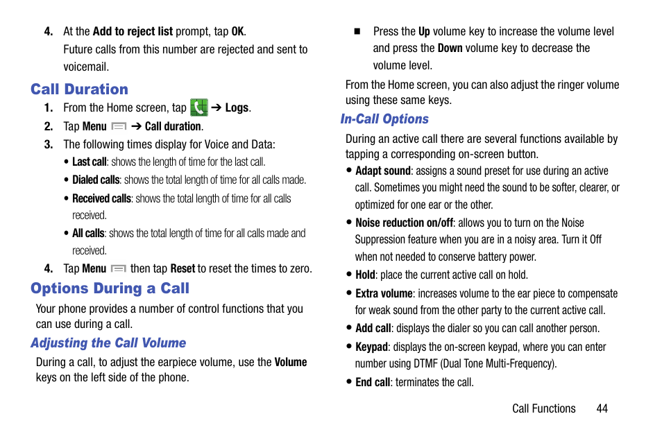 Call duration, Options during a call, Call duration options during a call | Samsung SGH-I747RWBATT User Manual | Page 51 / 239