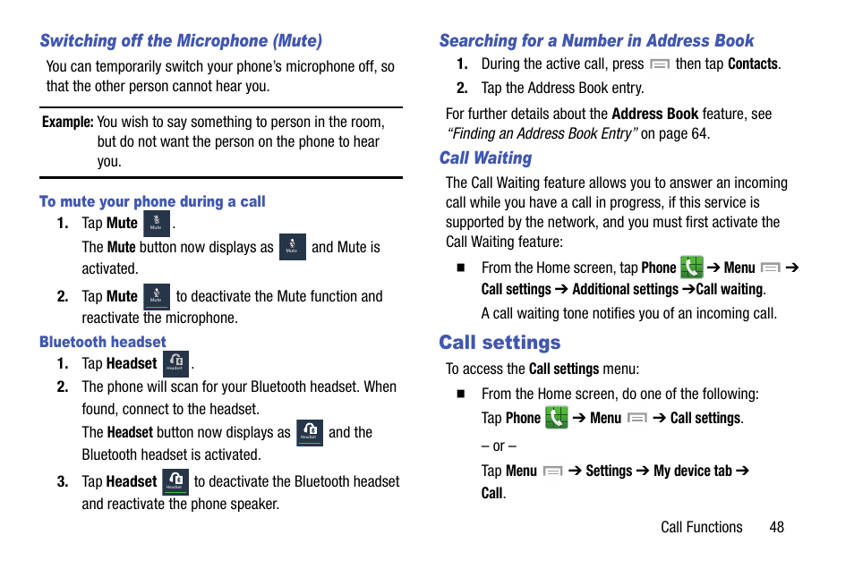 Call settings, Call waiting | Samsung SGH-I747RWBATT User Manual | Page 55 / 239