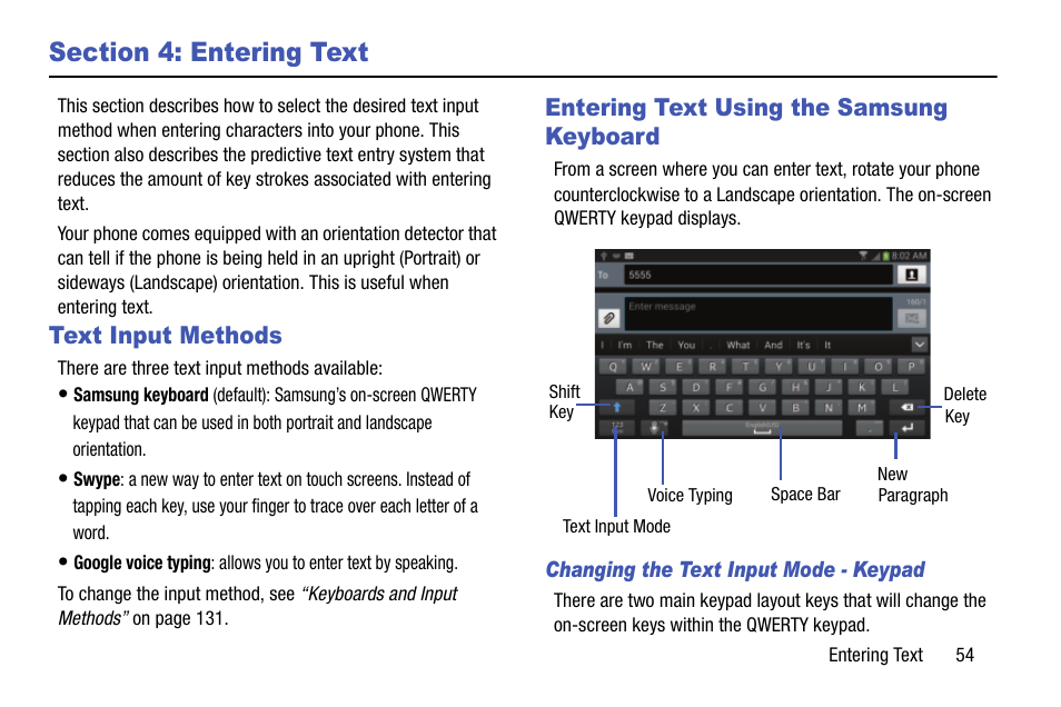 Section 4: entering text, Text input methods, Entering text using the samsung keyboard | Samsung SGH-I747RWBATT User Manual | Page 61 / 239