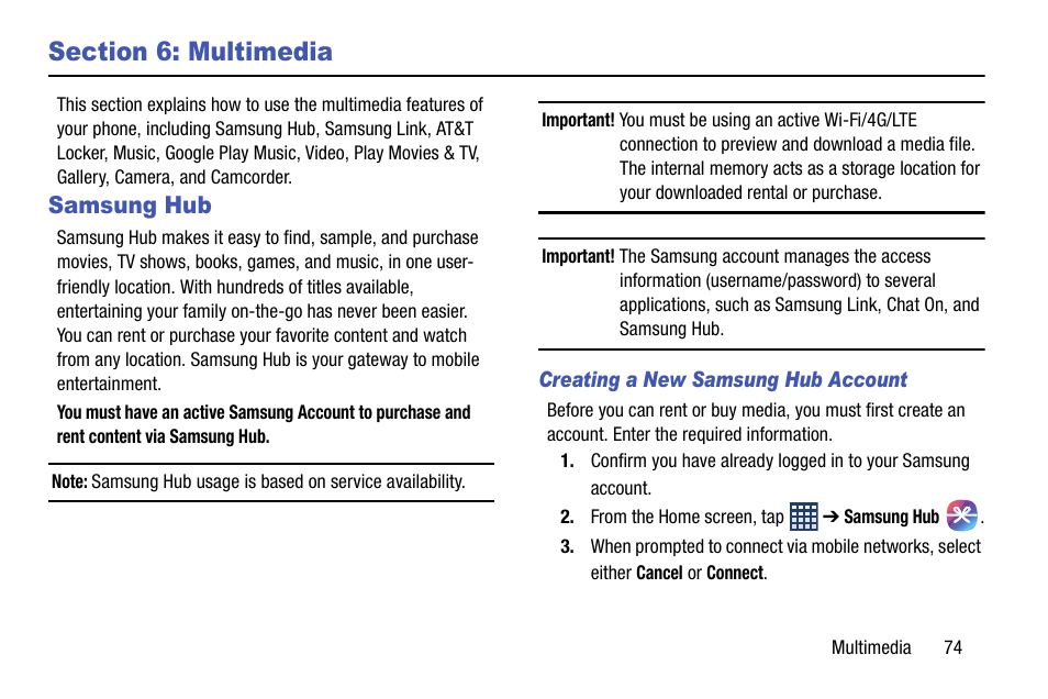 Section 6: multimedia, Samsung hub | Samsung SGH-I747RWBATT User Manual | Page 81 / 239