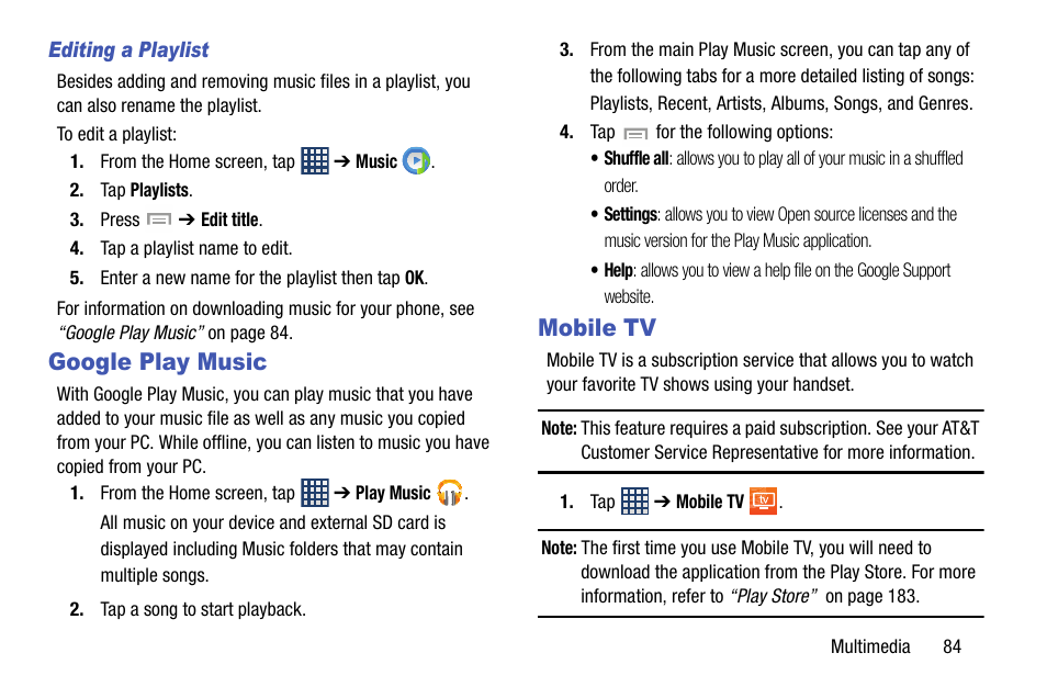 Google play music, Mobile tv, Google play music mobile tv | Samsung SGH-I747RWBATT User Manual | Page 91 / 239