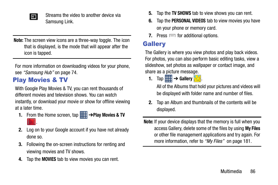 Play movies & tv, Gallery | Samsung SGH-I747RWBATT User Manual | Page 93 / 239
