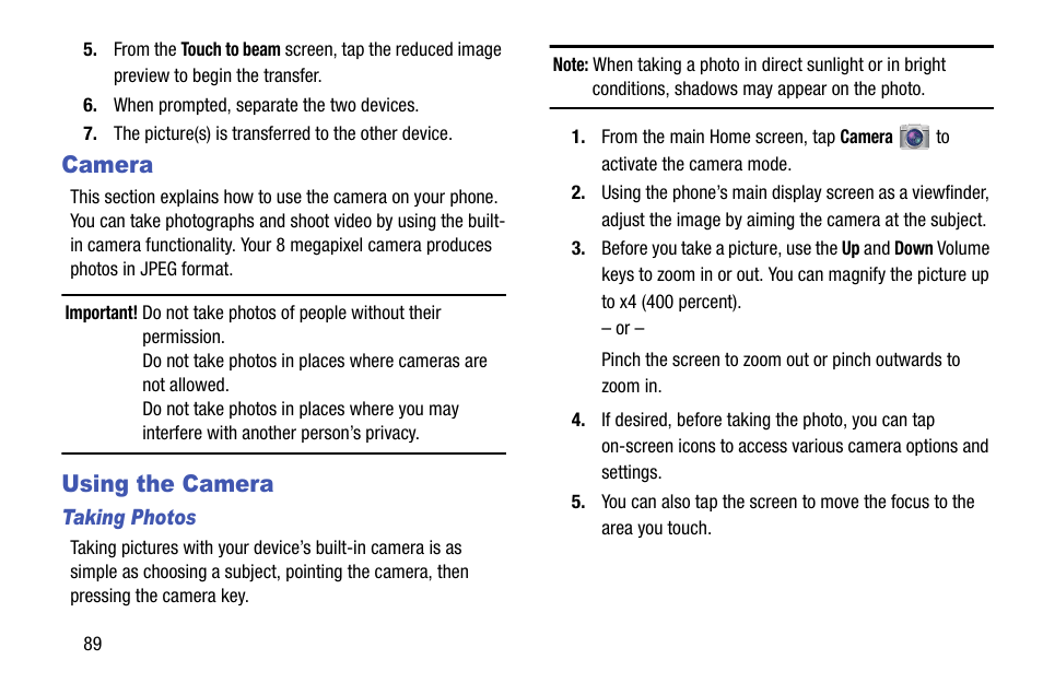 Camera, Using the camera, Camera using the camera | Samsung SGH-I747RWBATT User Manual | Page 96 / 239