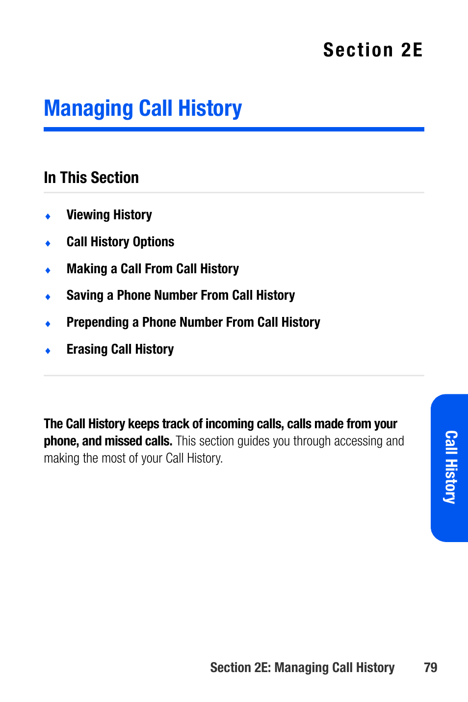 Managing call history, 2e. managing call history, Call histor y | Samsung SEPA920WSAQST User Manual | Page 101 / 246