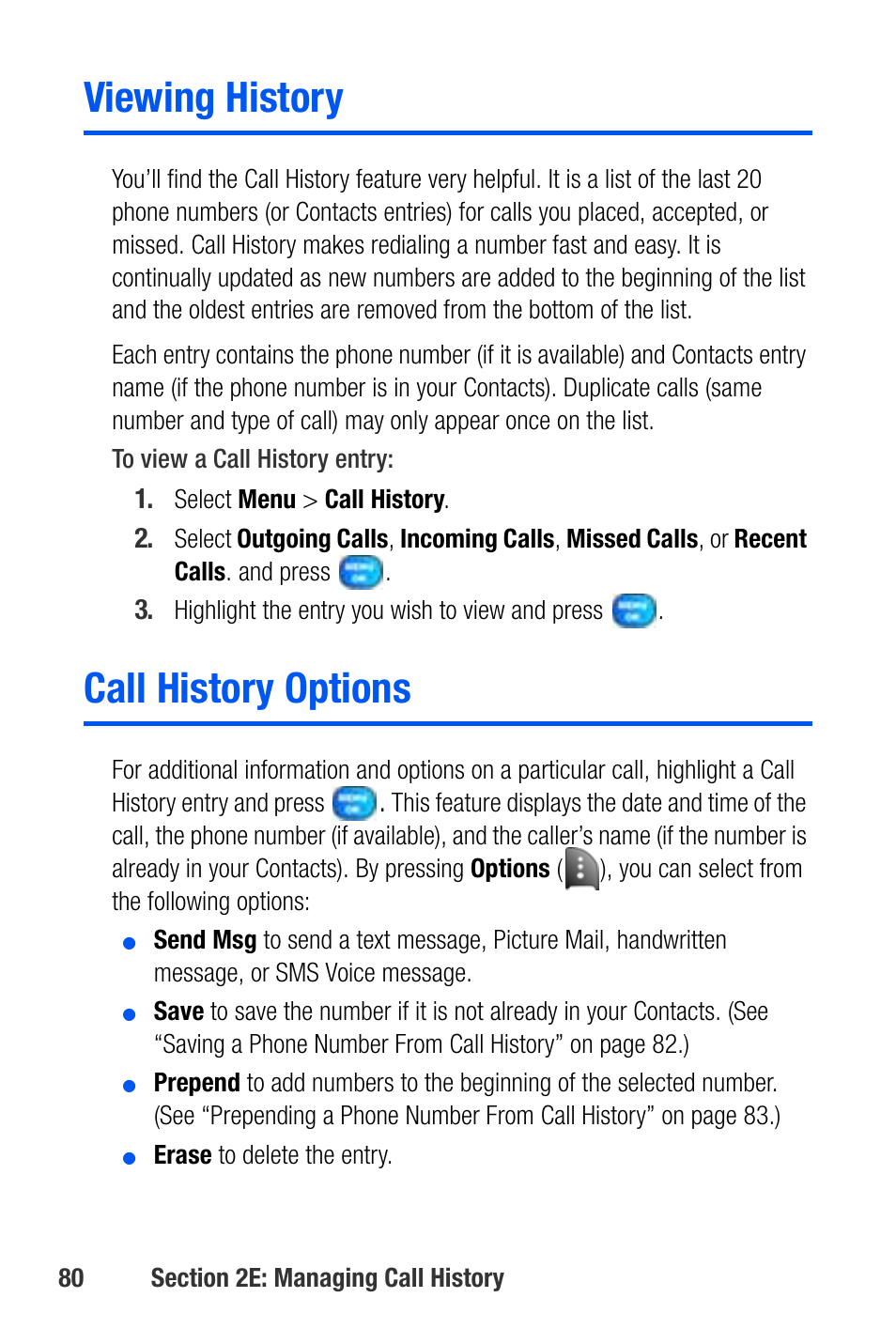 Viewing history, Call history options | Samsung SEPA920WSAQST User Manual | Page 102 / 246